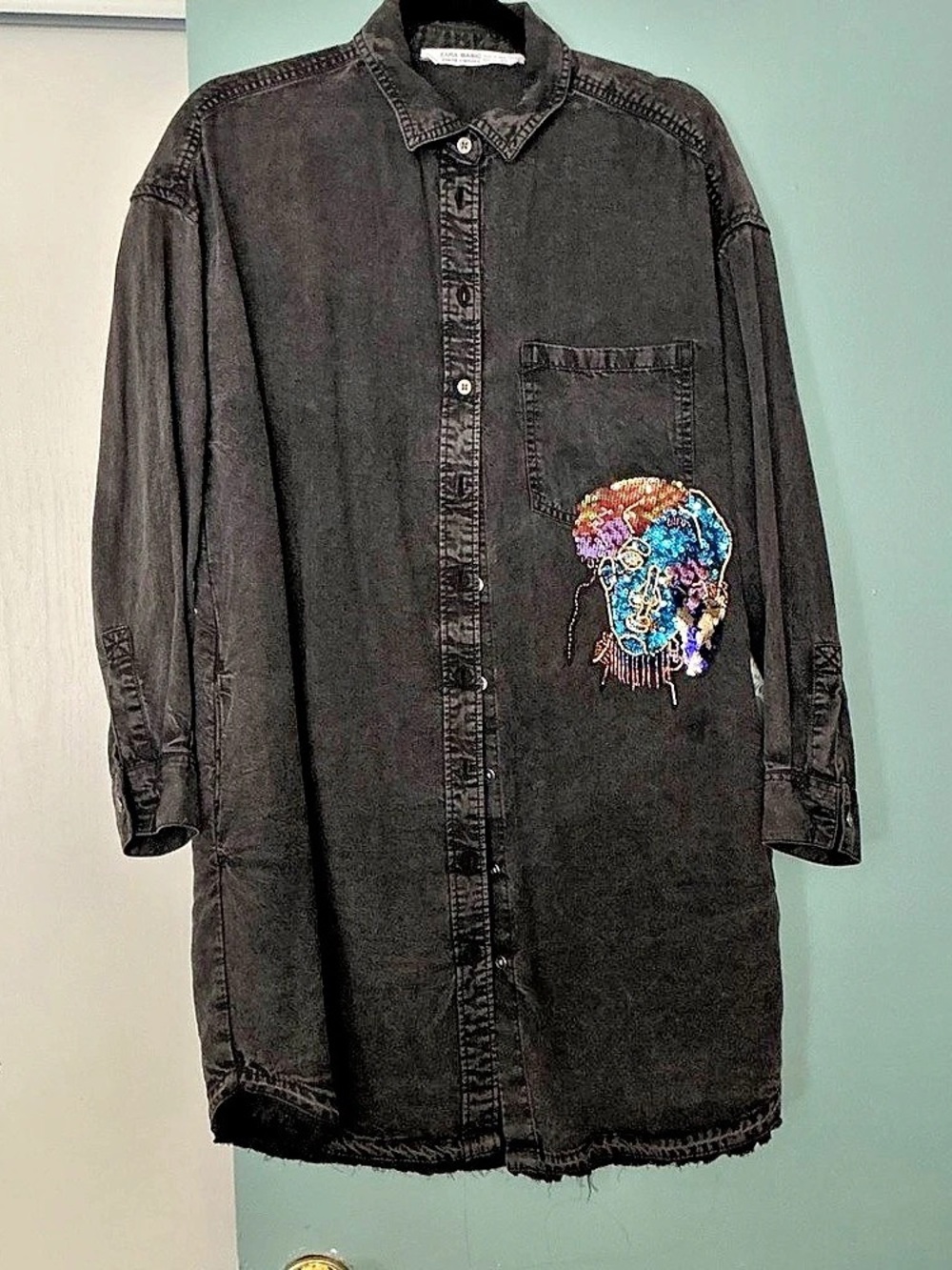 Zara Denim Shirt Dress with Sequin Face Appliqué Black Medium